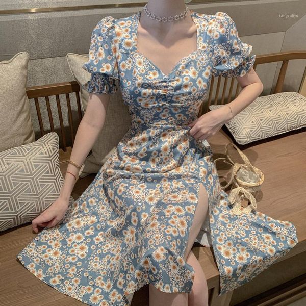 

korean chic vintage daisy print dress women puff sleeve sundress robe femme high waist a-line summer dress party vestidos1, White;black