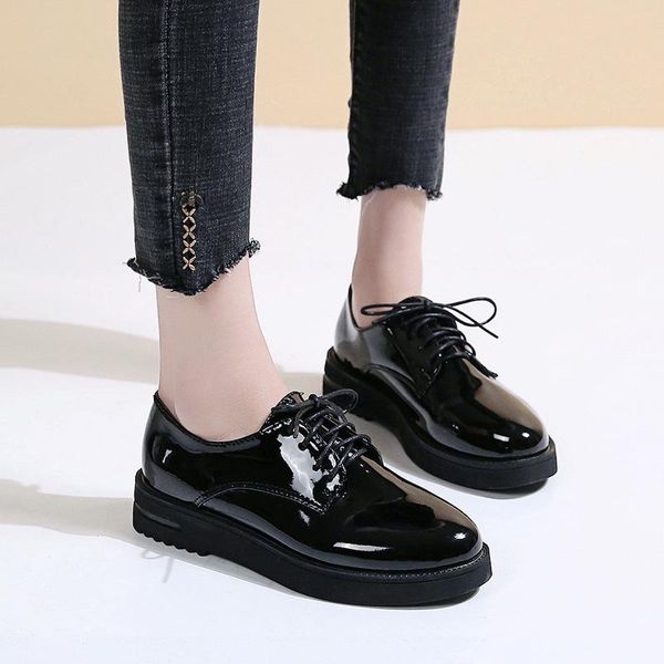 

female flats shoes woman vintage british style shallow mouth small bright leather wild thick-soled platform footwear damenschuhe, Black