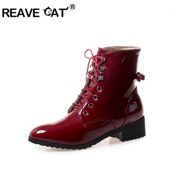 

reave cat solid cross-tied women ankle boots pointed toe med heels buckle block heel bootie casual party female shoes size 431, Black