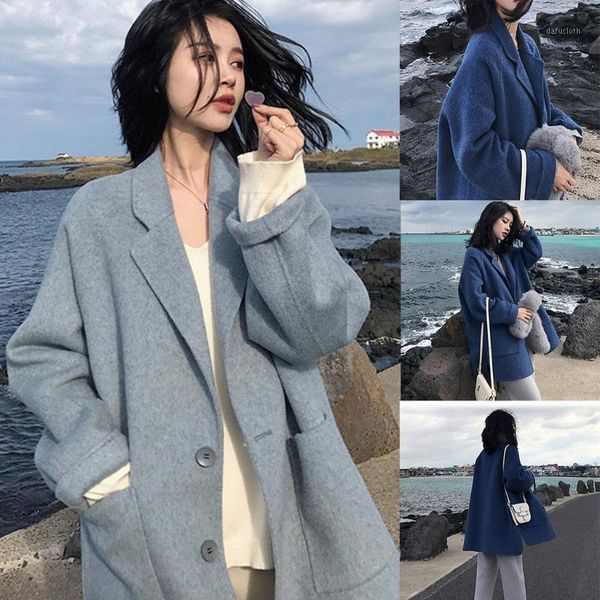 

2019 autumn and winter coats female lapel wool coat trench jacket long sleeve overcoat outwear manteau femme woman clothes w11201, Black