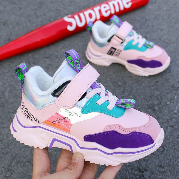 

winter kid boy sneakers plus velvet girls leather children shoes pink kids shoes for girls hook & loop boy casual sneakers 1029, Black;red