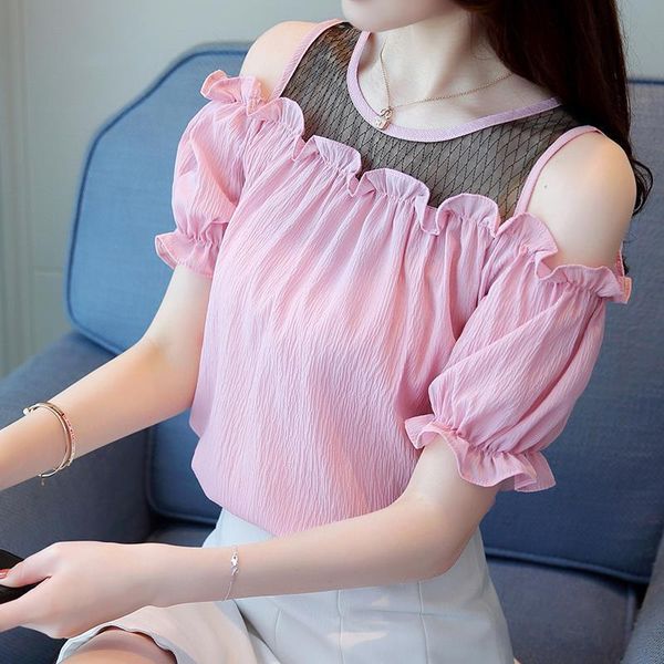 

women's blouses & shirts women spring summer style chiffon lady casual short sleeve slash neck solid loose elegant df3469, White