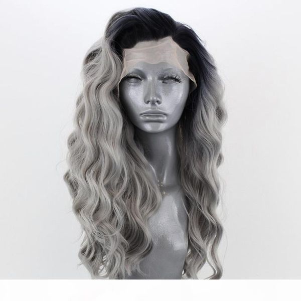 

charisma ombre gray color heat resistant fiber hair synthetic lace front wig long wavy two tone grey cosplay wigs for women, Black