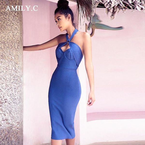 

amily.c 2021 new spring women bandage dress halter neck bodycon dress chic celebrity party blue dresses wholesale vestidos, Black;gray