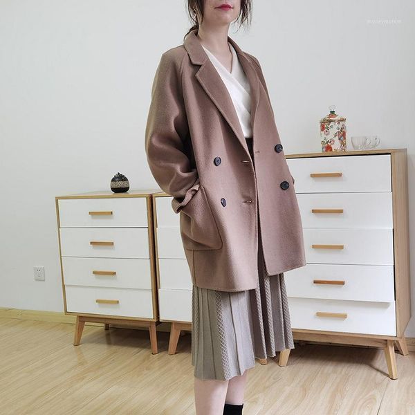 

women's wool & blends fashion temperament casual women's woolen overcoat all double breasted medium long faced overcoat1, Black