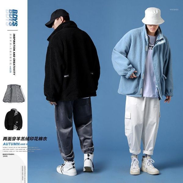 

double-sided wear lamb velvet jacket men thicken warm embroidered printed coat stand-up collar casual hip-hop big pocket outwear1, Black