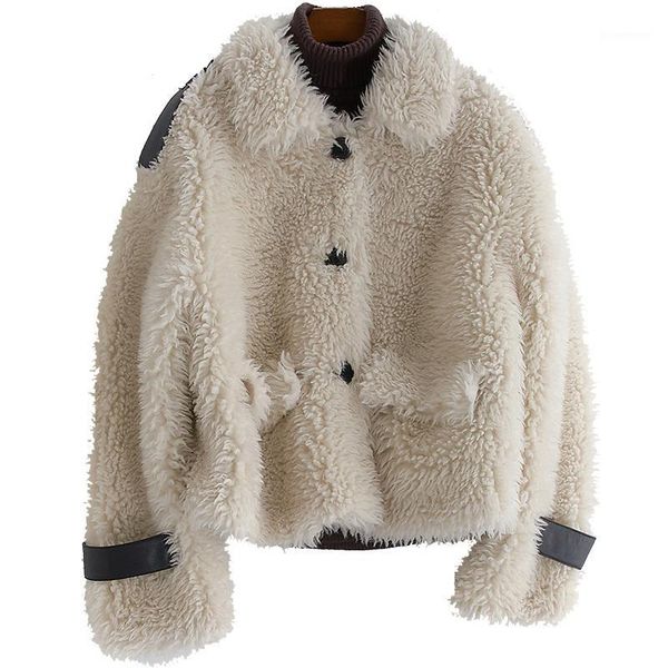 

2020 new fashionable wool overcoat short fund lapel loose haining sheep shearing leather and fur loose coat woman1, Black