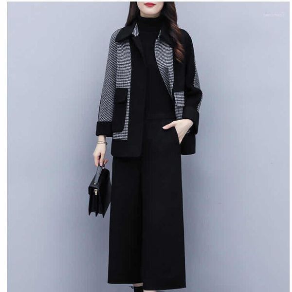 

2021 autumn winter new black women's thickened fashion add cotton plaid jacket suit loose casual wide-leg pants two-piece women1, White