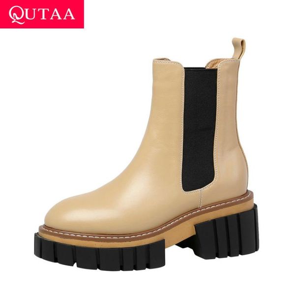 

qutaa 2021 platform cow leather ankle boots square high heel slip on women shoes round toe autumn winter short boots size 34-39, Black