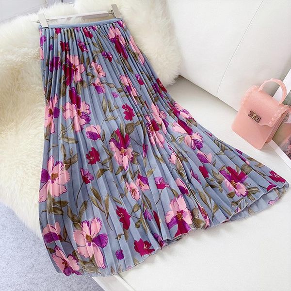 

summer women long pleated skirts vintage floral printted skirt high waist flower midi skirt korean elegant faldas mujer, Black