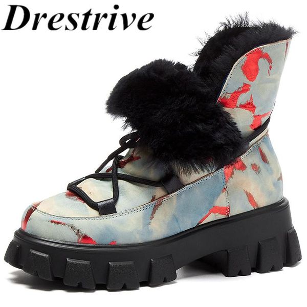

drestrive women snow boots cow leather print platform thick heels wool 2020 winter shoes ankle boots black non slip cross tied
