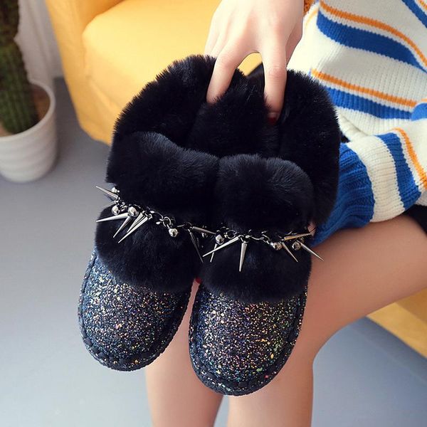 

2020 autumn and winter new sequins women's cotton shoes small pepper snow boots plus velvet warm short tube fur female boots, Black