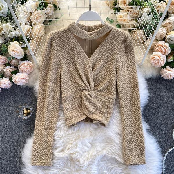 

autumn 2020 hollow out halter blouse women casual beige/white/black criss cross shirts female elegant short new fashion1