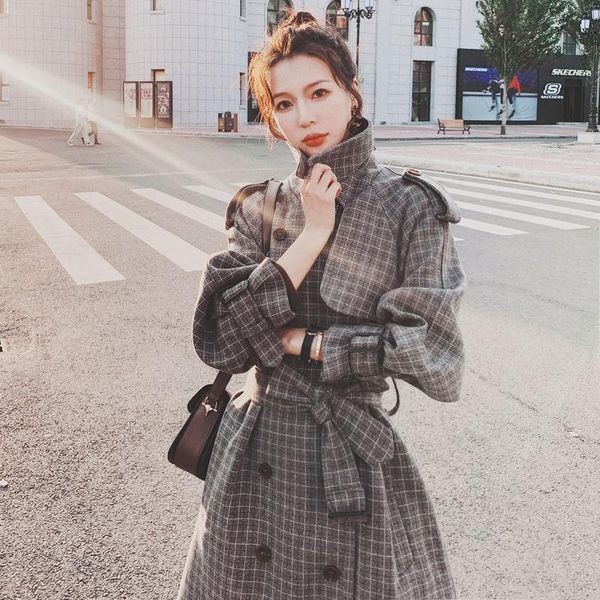 

retro mori plaid woolen coat women's long autumn and winter clothing temperament thick korean loose hepburn coat, Black