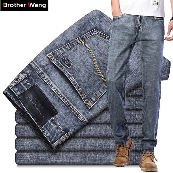 

new men's jeans classic style business casual advanced stretch regular fit denim trousers grey blue pants male 201223