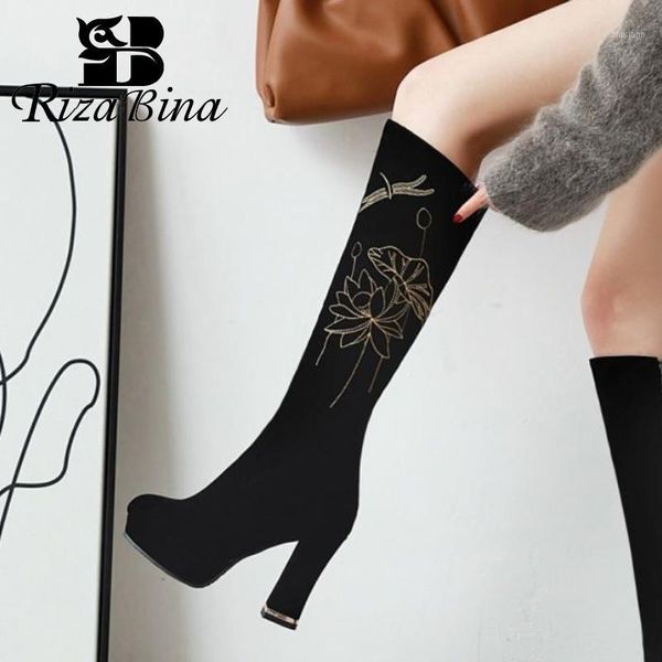 

rizabina new fashion women knee high boots round toe thick heel zipper platform pattern flock shoes ladies footwear size 33-431, Black
