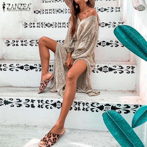 

2021 fashion zanzea womens dress long maxi vestidos bohemian sundress lantern sleeve leopard full printed split robe femme 7, Black;gray