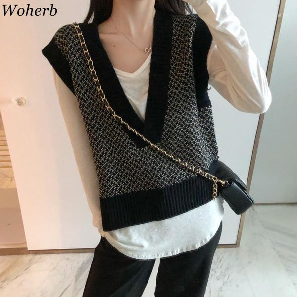 

woherb v-neck knitted vest women's sweater autumn and winter new korean loose wild sweater vest sleeveless sweaters pullover1, White;black