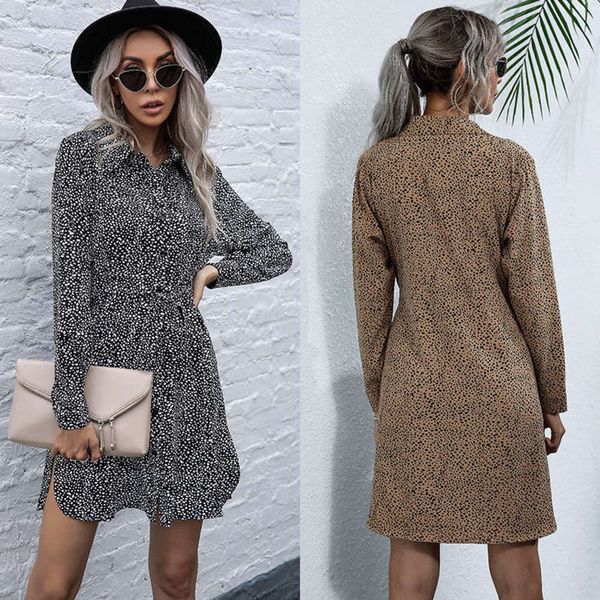 

sleeve long lapel leopard print pullover dress for women, Black;gray