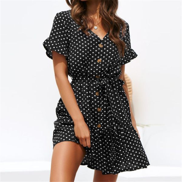 

2021 new swanne summer ladies dress beach casual party elegant v neckline short sleeve chiffon print buttons xpes, Black;gray