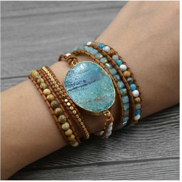 

b003 bigbing jewelry fashion natural sea stone leather handmade layered bracelet fashion jewelry women jewlery high quality, Black