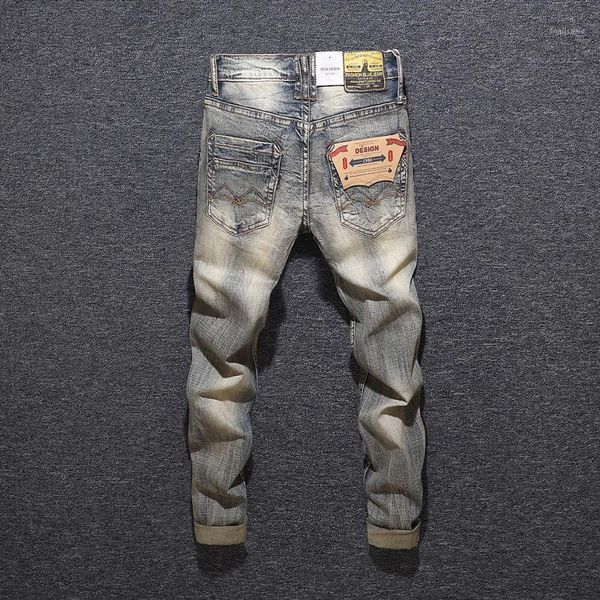 

italian style fashion men jeans retro yellow washed vintage designer jeans men streetwear stretch classical slim homme1, Blue