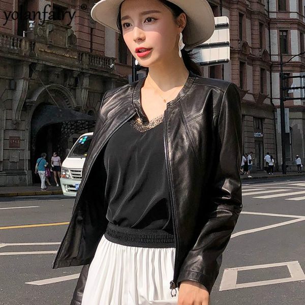 

leather jacket women 2020 sheepskin genuine leather jacket short slim motorcycle real chaqueta mujer ot1887 yy628, Black