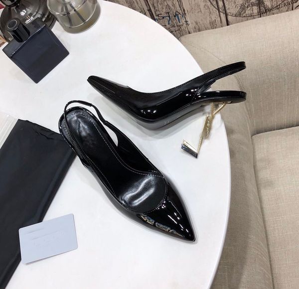 

womens fashion pointed leather high heel womens single shoes back empty shoes womens sandals original packing box size 35-41, Black