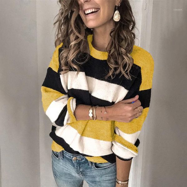 

new autumn striped knitted sweater women casual o neck soft warm long sleeve color contrast pullover basic loose sweaters female1, White;black