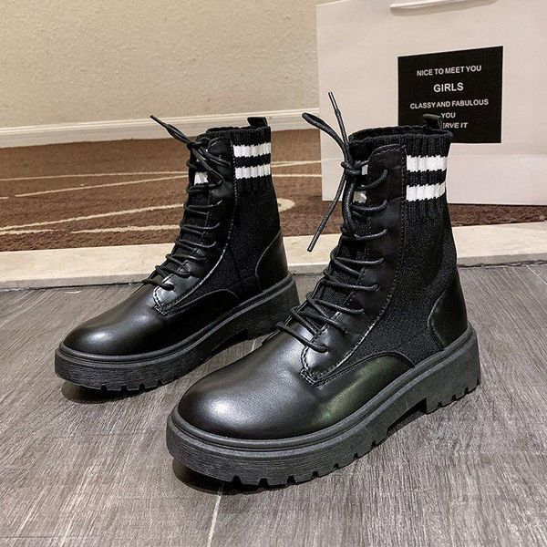 

women's knitting leather boots 2020 winter female ankle booties ladies flat platform shoes zapatos para mujer fashion woman, Black