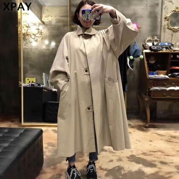

women's trench coats women 2021 spring autumn loose stand collar wind vintage plus size single breasted long windbreaker female, Tan;black