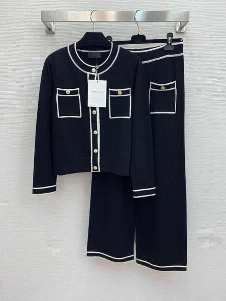 

autumn and winter 2020 new five button knitted cardigan high waist wide leg pants temperament celebrity suit, Tan;black