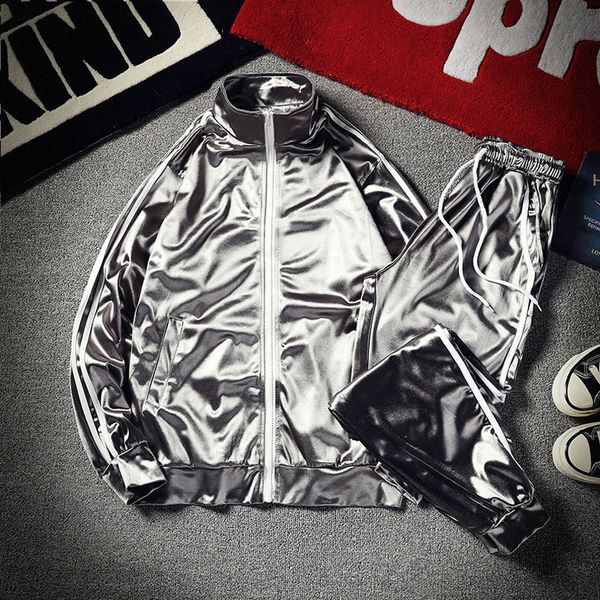 

new men and women's two-piece silk baseball uniform jacket + long pants glossy chiffon set stylish smooth breathable fabric 1022, Gray