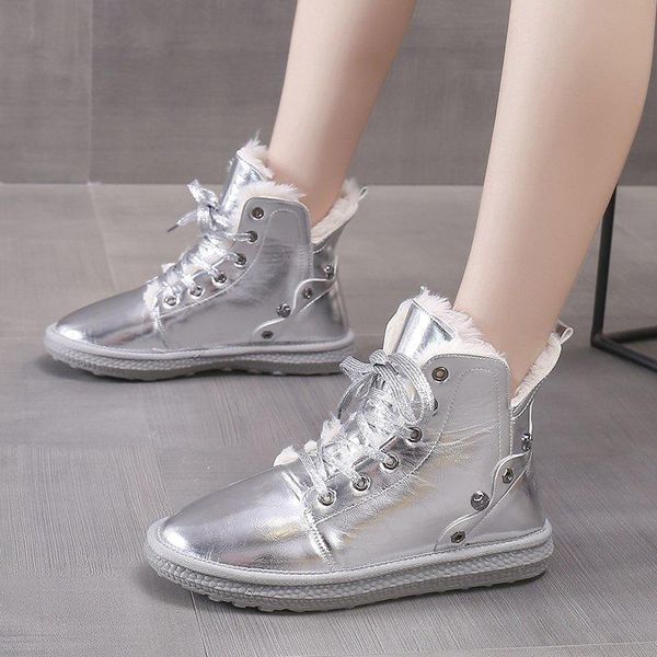 

rimocy flat heels lace up snow boots women thicken plush warm cotton shoes woman black silver pu waterproof winter boots female