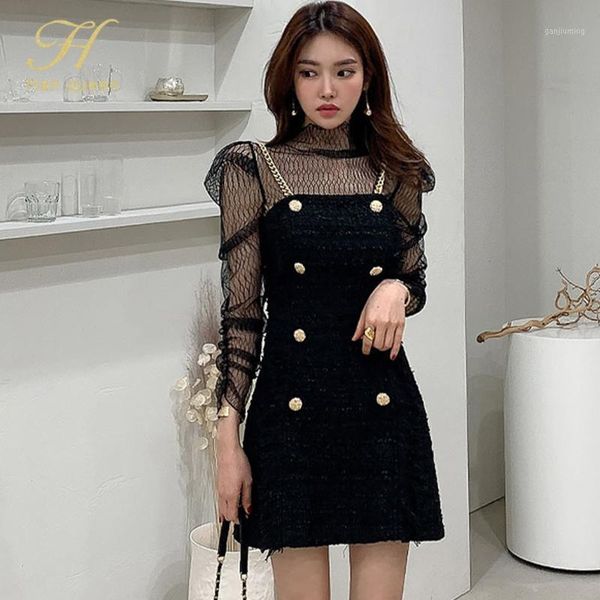 

h han queen new 2 pieces double breasted pencil bodycon dress women's long sleeve sheath dresses korean chic occupation vestidos1, Black;gray