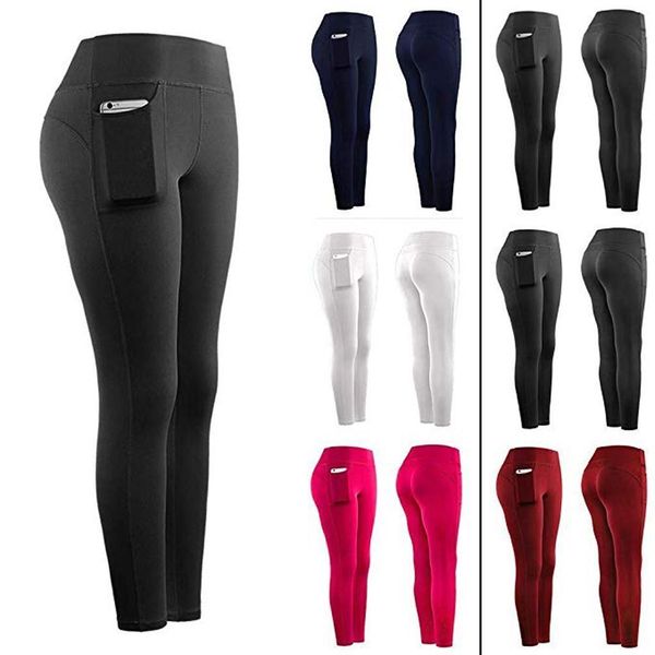 

women stretch lady leggings fitness running gym sports pockets active pants high waist seamless exercise athletic trousers, Black