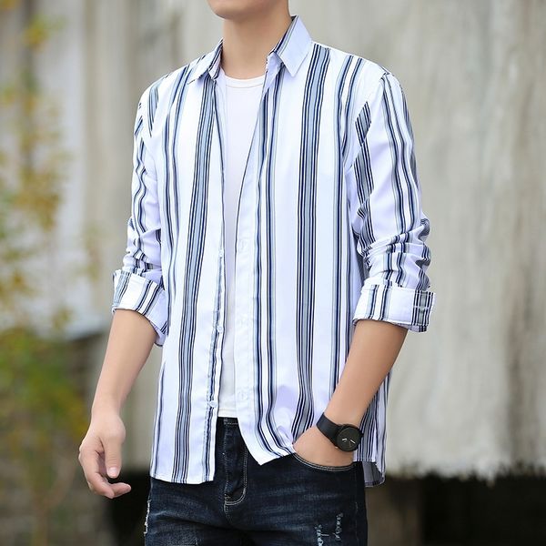 

koq2v 2019 size new striped long sleeve men's large shirt youth men's spring loose shirt pp1hc, Blue