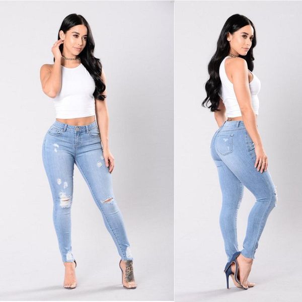 

fashion elastic force holes jeans woman casual pencil bound feet pants trousers plus size1, Blue