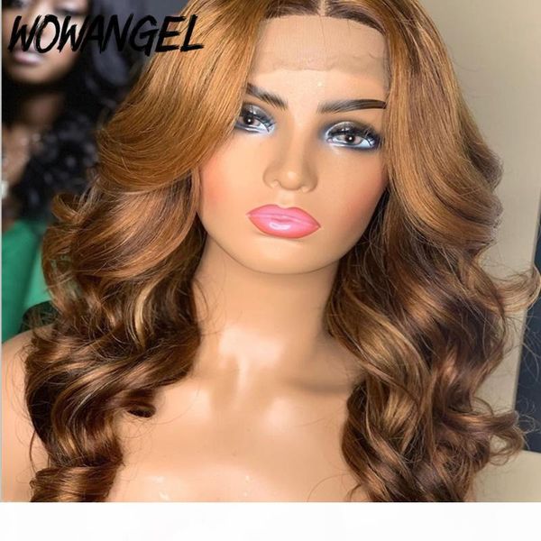 

wowangel body wave highlight 4*4 closure lace front human hair wigs middle part with pre plucked baby hair brazilian remy, Black;brown