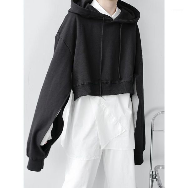 

male women harajuku streetwear hip hop vintage casual hooded sweatshirt men's sleeve slit short style pullover loose hoodie1, Black