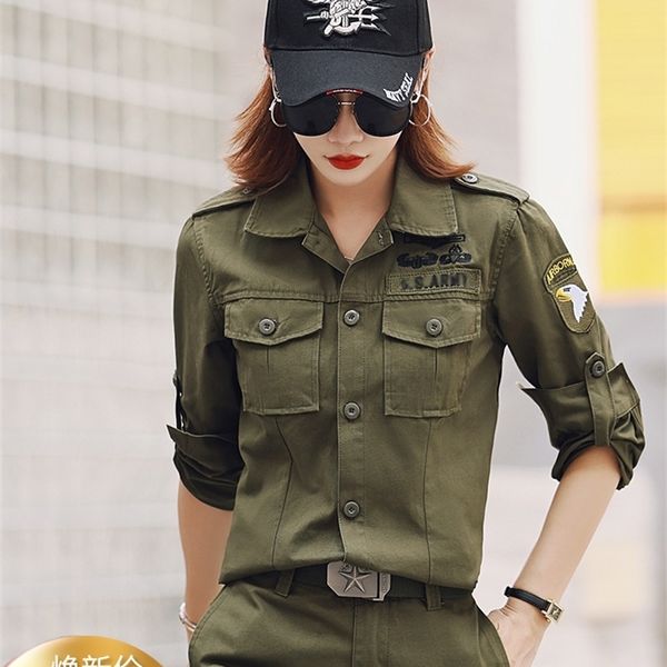 Abbigliamento da lavoro militare a vento camicia verde militare giacca mimetica da donna a maniche lunghe con colletto quadrato sottile e sciolto