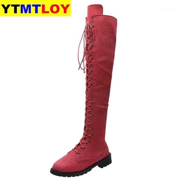

boots women over the knee europe america style big size lace-up long lady vintage low heels thigh high 34-431, Black