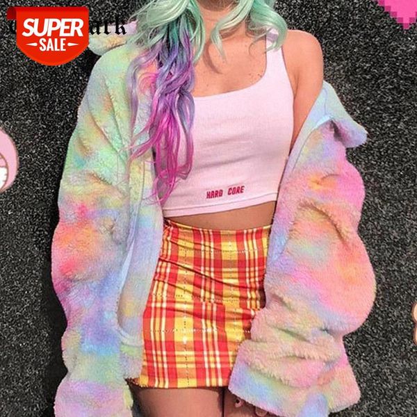 

goth dark harajuku e-girl aesthetic tie dye jackets y2k style faux fur rainbow colorful printed long sleeve oversize coats women #nk7i, Black;brown