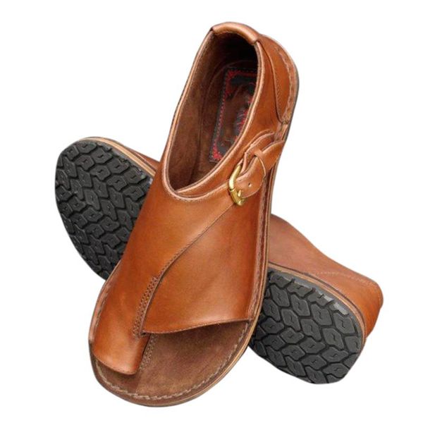 

sandals pu leather summer open toe buckle strap flat casual solid women soft sole beach walking breathable leisure ortics, Black