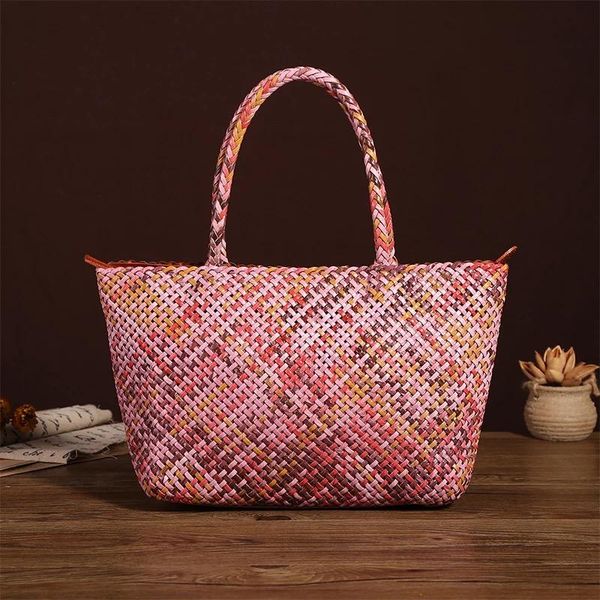 

handmade knitting designer genuine cow leather women's large totes bag zipper closure lady handle handbag female woven purse