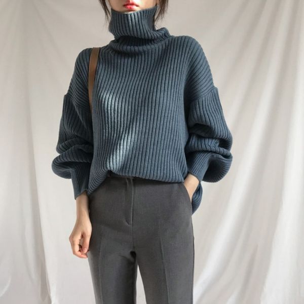 

2021 new fashion lady turtleneck autumn baggy sleeve long female sweater fall, White;black