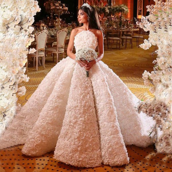 

amazing flowers ruffled wedding dresses strapless neck a line bridal gowns court train tulle robe de mariÃ©e, White