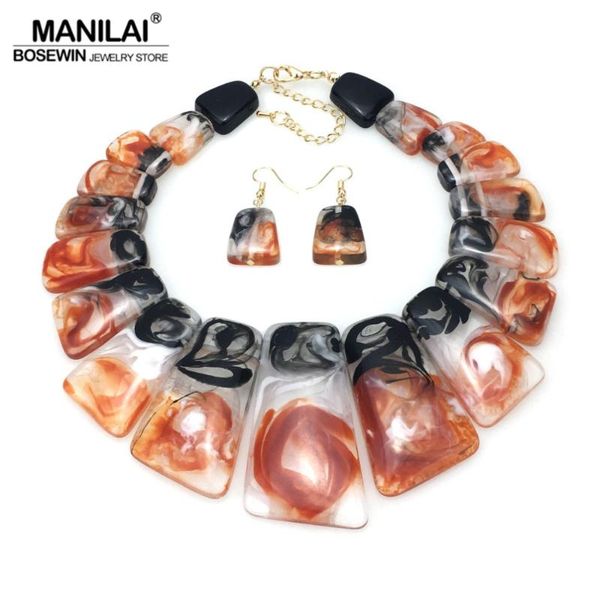 

manilai big colouration clear resin statement necklaces sets with earrings women geometric choker necklace fashion jewelry set, Silver