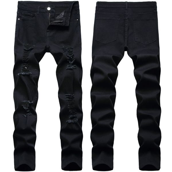 Herren Jeans Retro Schwarze Hose Stretch Loch Ripped Slim Fit Hochwertige, modische, lässige Denim-Hose