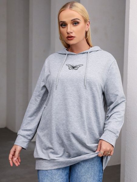 

plus butterfly print drawstring hoodie v1yg#, Black